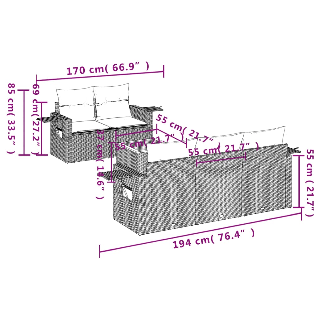 vidaXL 6-delige Loungeset met kussens poly rattan zwart afbeelding