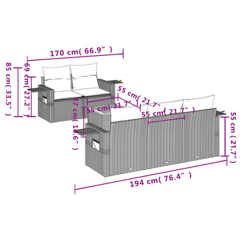 Set mobilier grădină cu perne, 6 piese, gri, poliratan 3256781 - imagine 3