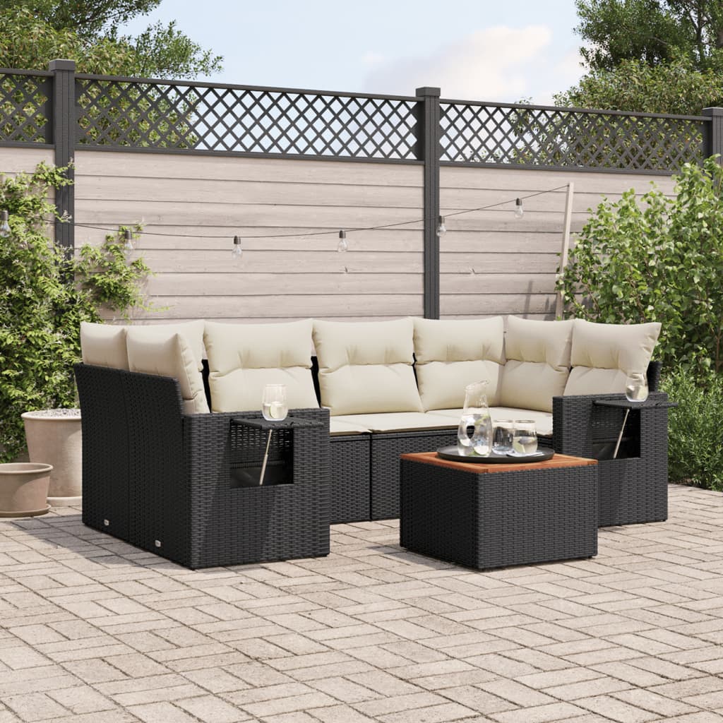 vidaXL 7-tlg. Garten-Sofagarnitur mit Kissen Schwarz Poly Rattan