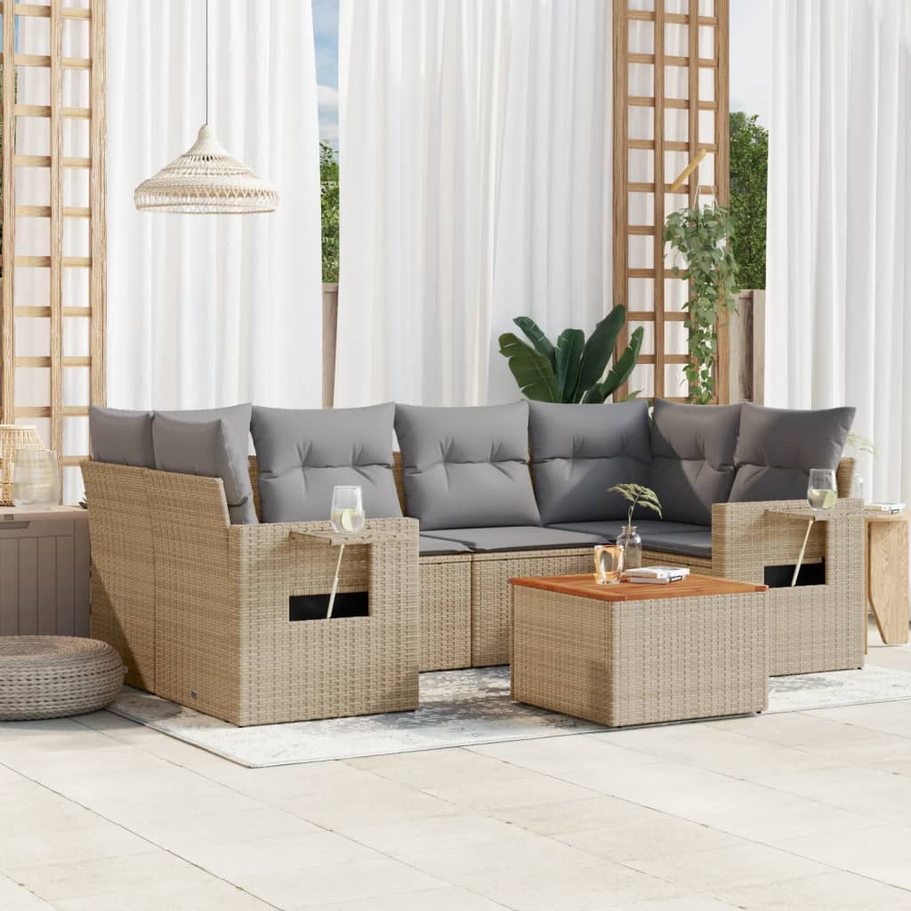 vidaXL 7-tlg. Garten-Sofagarnitur mit Kissen Beige Poly Rattan