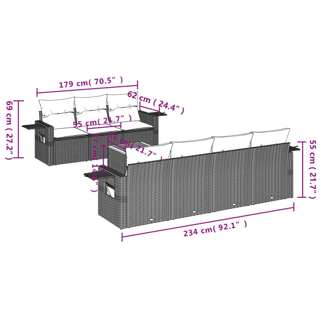 Set canapele de grădină cu perne, 8 piese, gri, poliratan 3256802 - imagine 3