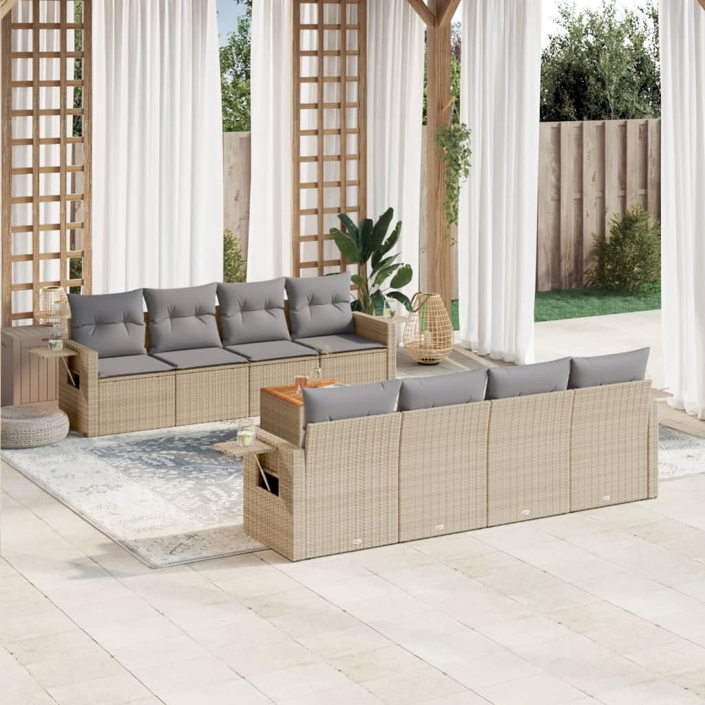 vidaXL 9-tlg. Garten-Sofagarnitur mit Kissen Beige Poly Rattan