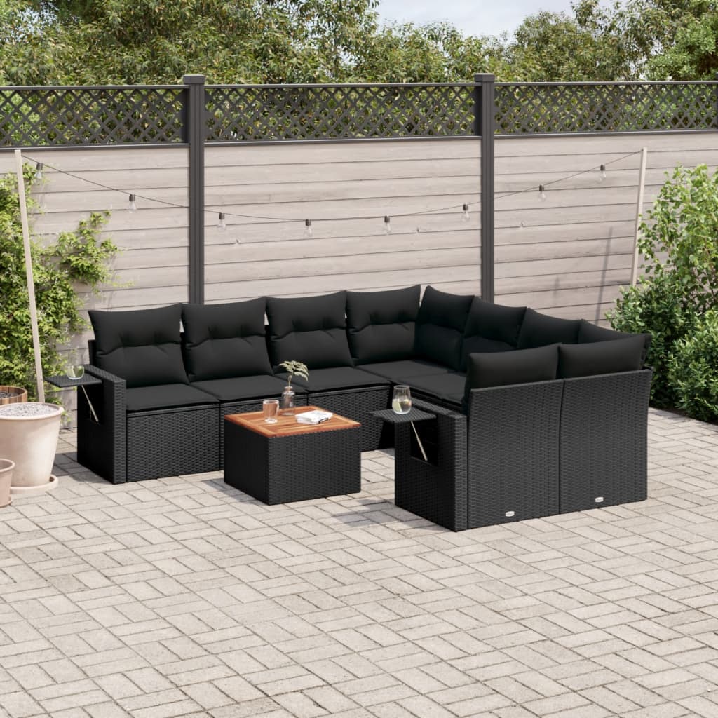 9-tlg. Garten-Sofagarnitur mit Kissen Schwarz Poly Rattan