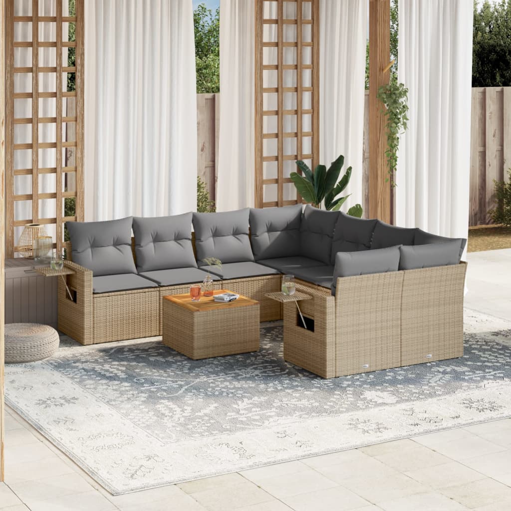 vidaXL 9-tlg. Garten-Sofagarnitur mit Kissen Beige Poly Rattan