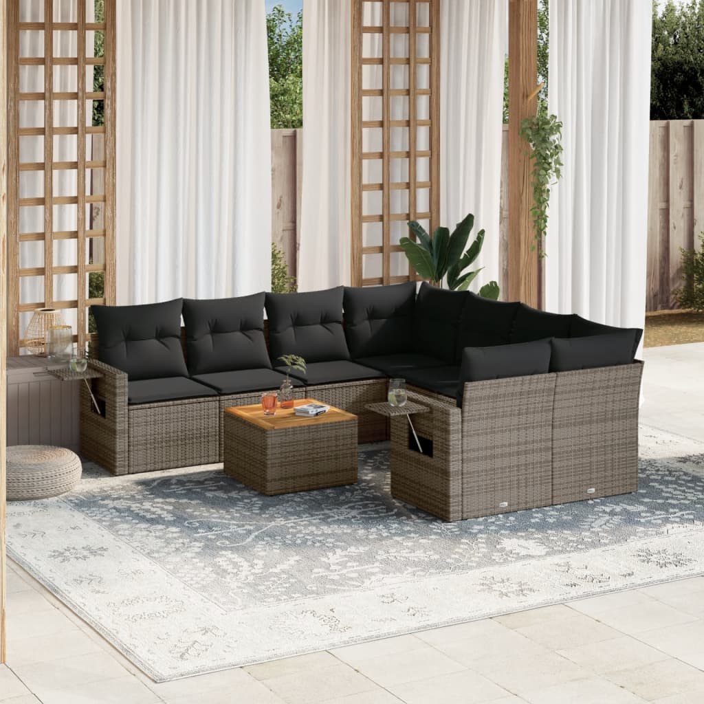 vidaXL 9-tlg. Garten-Sofagarnitur mit Kissen Grau Poly Rattan