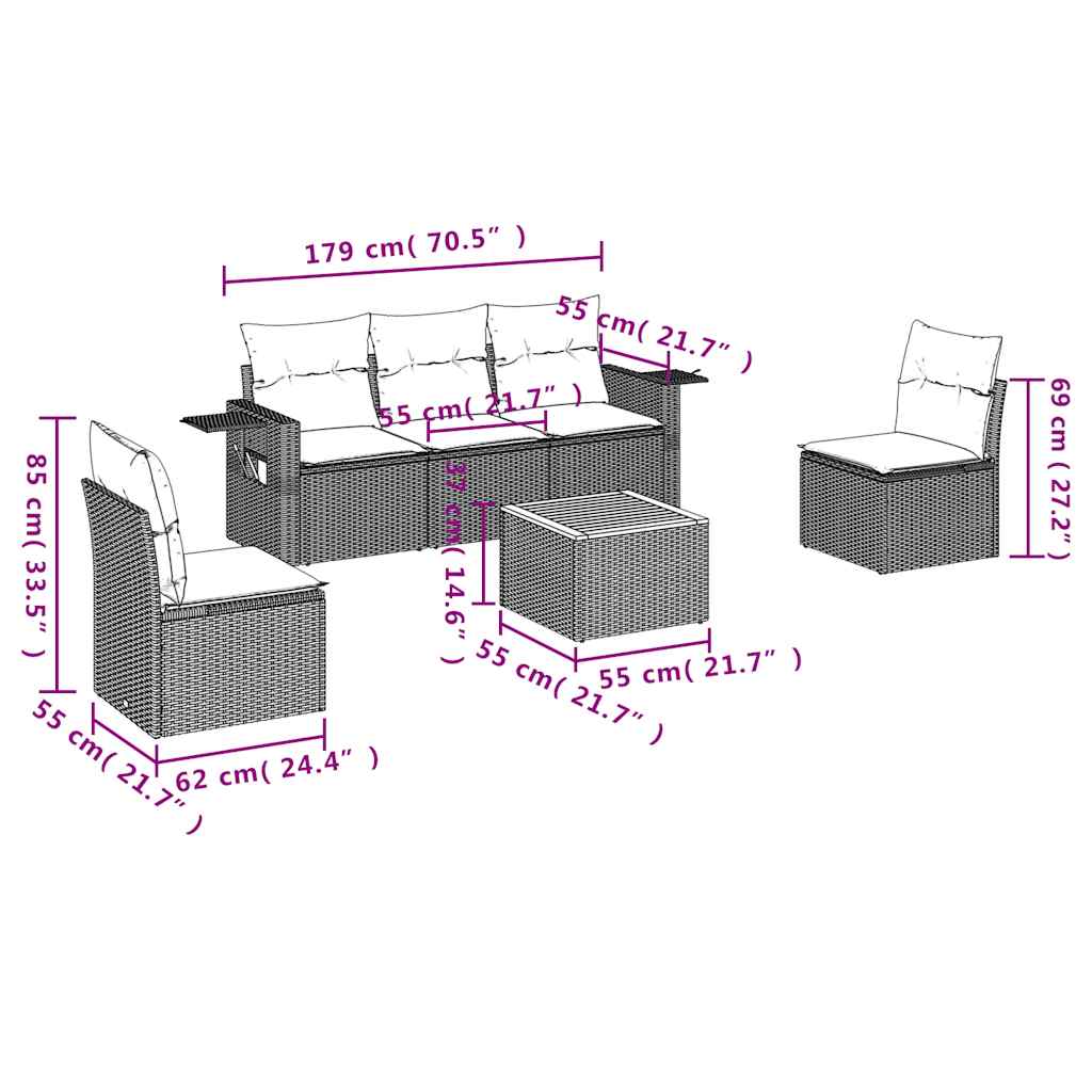 Set mobilier de grădină cu perne, 6 piese, negru, poliratan 3256832 - imagine 3