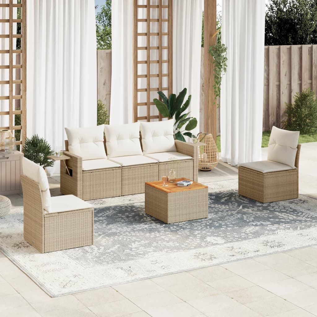 vidaXL 6-tlg. Garten-Sofagarnitur mit Kissen Beige Poly Rattan