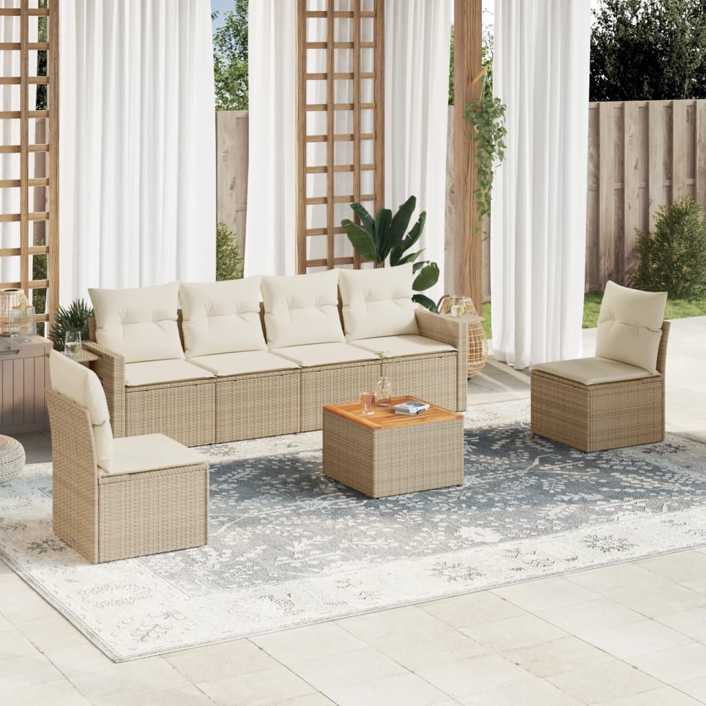 vidaXL 7-tlg. Garten-Sofagarnitur mit Kissen Beige Poly Rattan