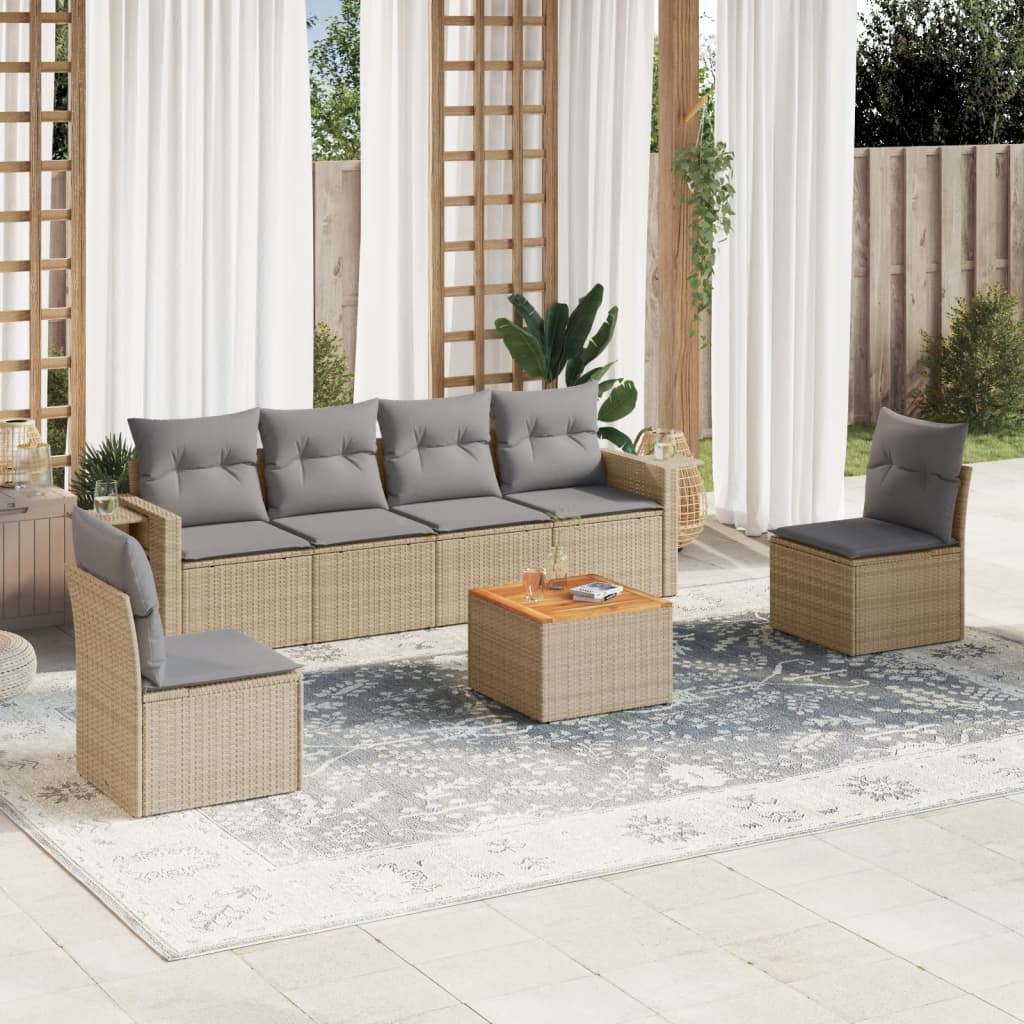 vidaXL 7-tlg. Garten-Sofagarnitur mit Kissen Beige Poly Rattan