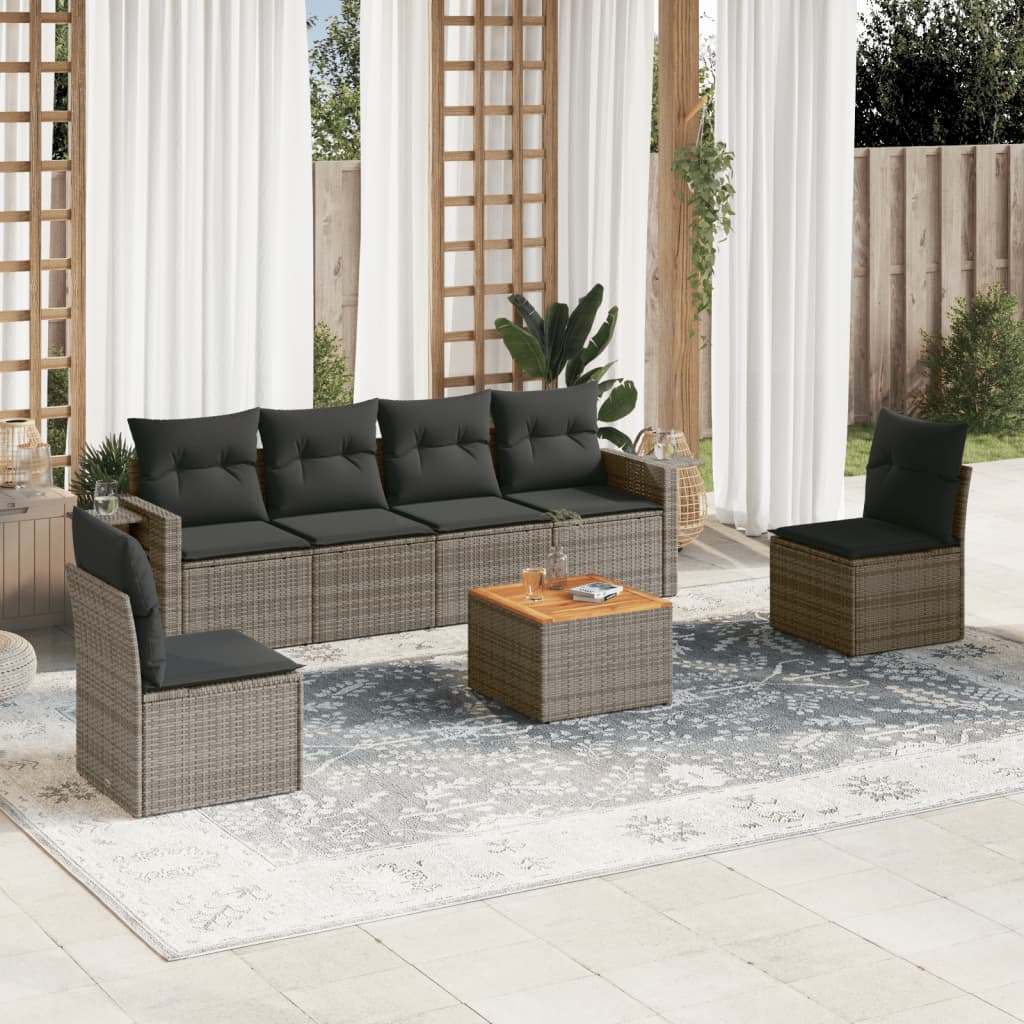 vidaXL 7-tlg. Garten-Sofagarnitur mit Kissen Grau Poly Rattan