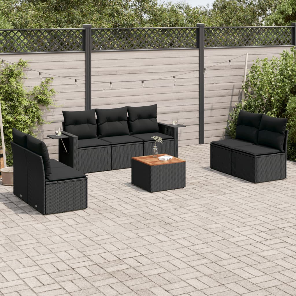 vidaXL 8-tlg. Garten-Sofagarnitur mit Kissen Schwarz Poly Rattan