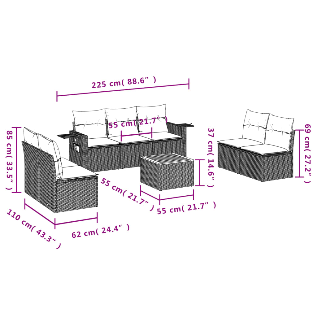 Set mobilier de grădină cu perne, 8 piese, negru, poliratan 3256847 - imagine 3
