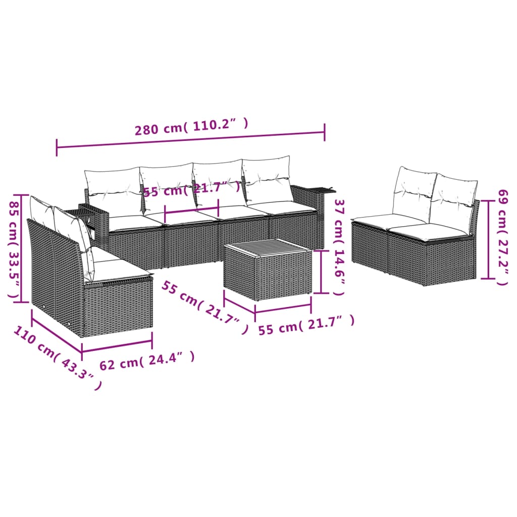 vidaXL 9-delige Loungeset met kussens poly rattan zwart afbeelding