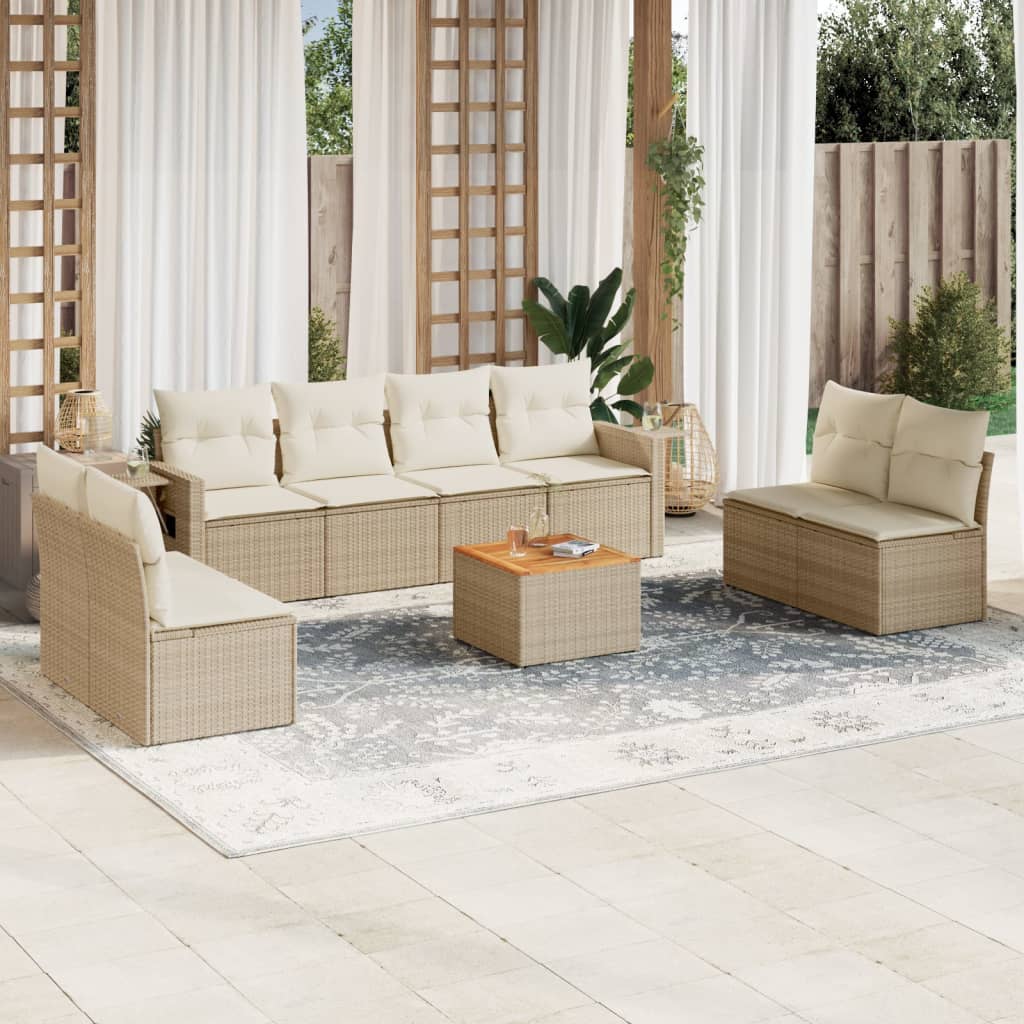 vidaXL 9-tlg. Garten-Sofagarnitur mit Kissen Beige Poly Rattan