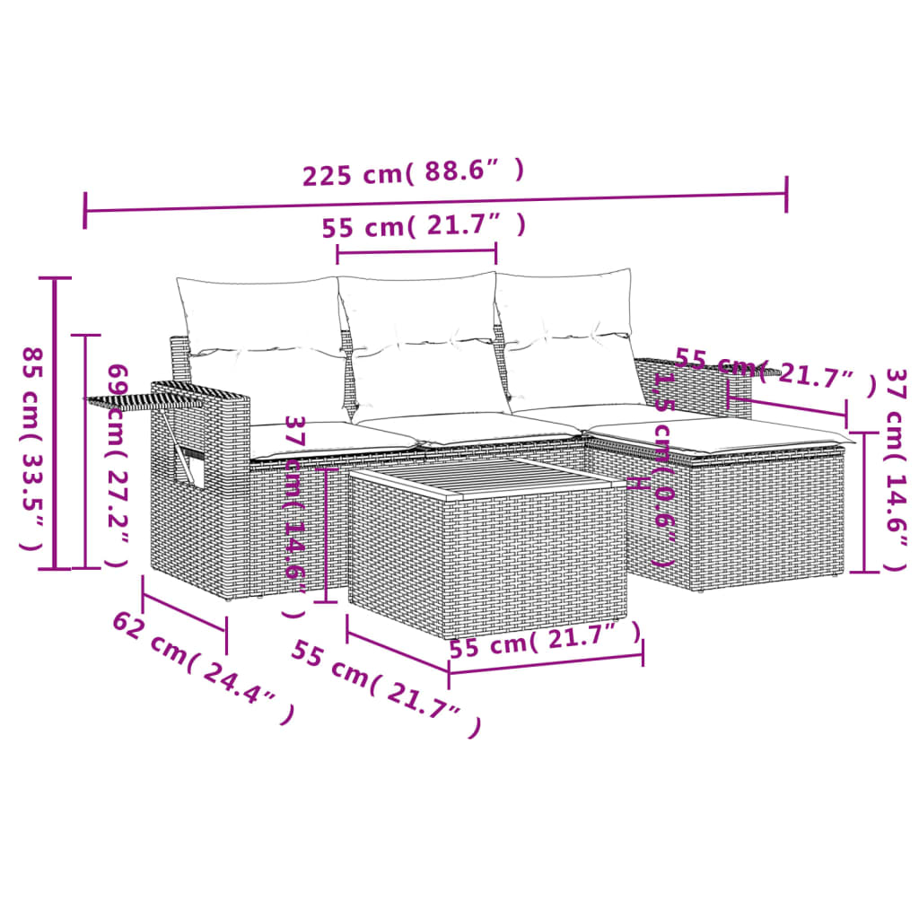 vidaXL 5-delige Loungeset met kussens poly rattan zwart afbeelding