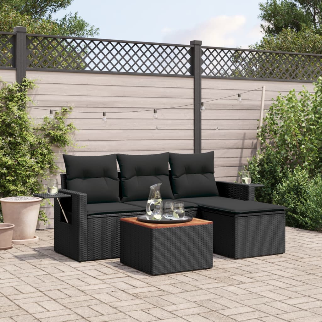 vidaXL 5-tlg. Garten-Sofagarnitur mit Kissen Schwarz Poly Rattan