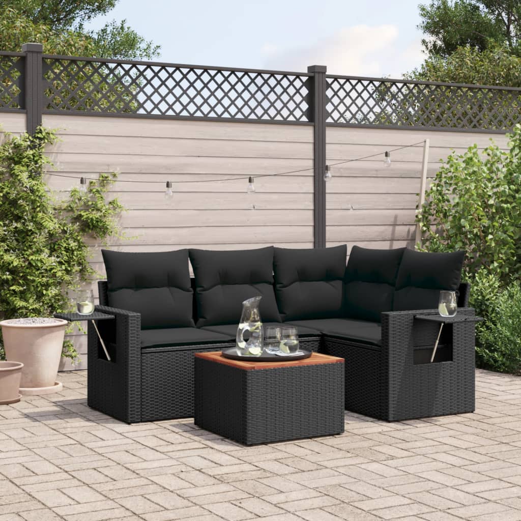 5-tlg. Garten-Sofagarnitur mit Kissen Schwarz Poly Rattan