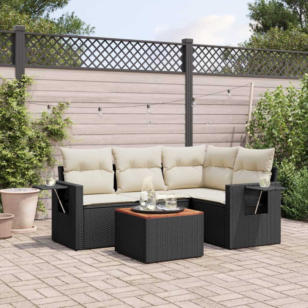 vidaXL 5-tlg. Garten-Sofagarnitur mit Kissen Schwarz Poly Rattan