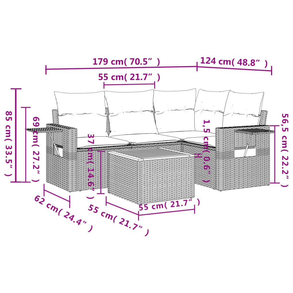 Thumbnail - vidaXL 5-tlg. Garten-Sofagarnitur mit Kissen Beige Poly Rattan
