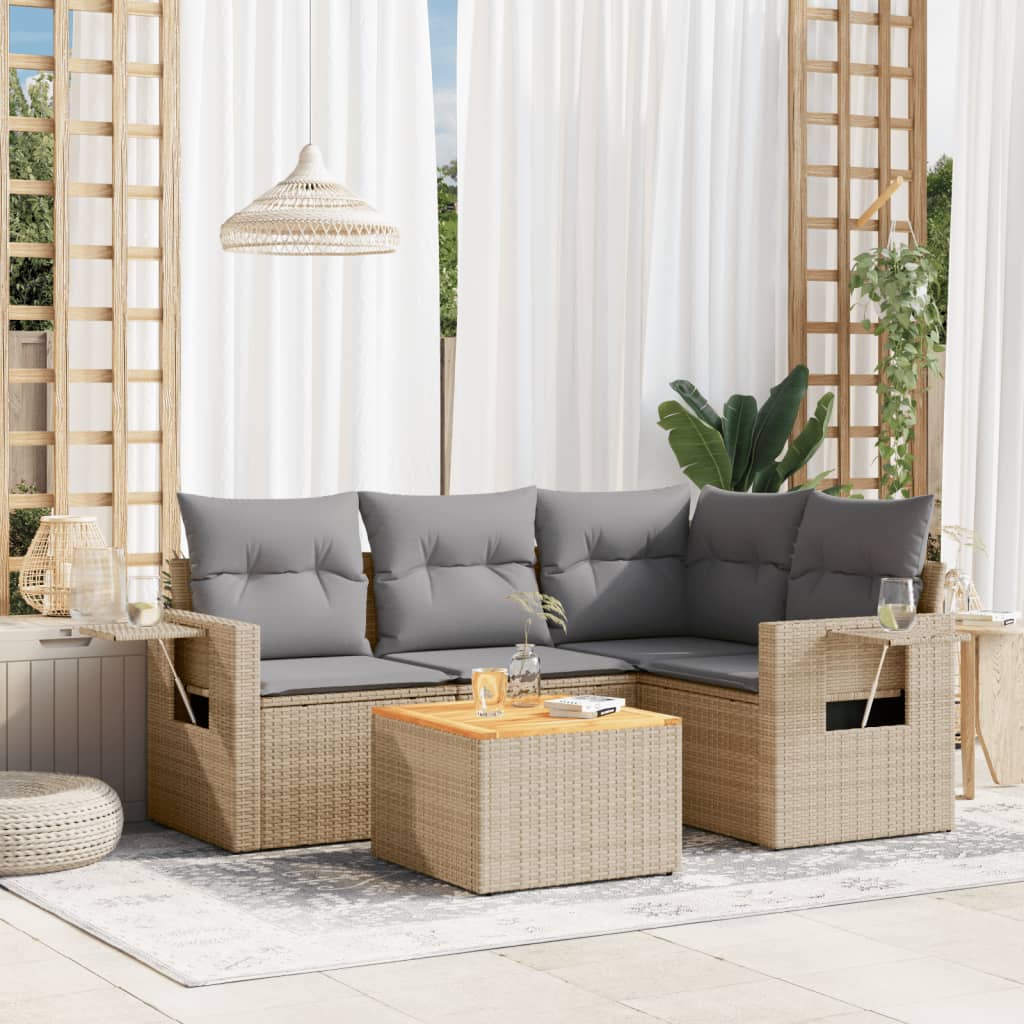 vidaXL 5-tlg. Garten-Sofagarnitur mit Kissen Beige Poly Rattan