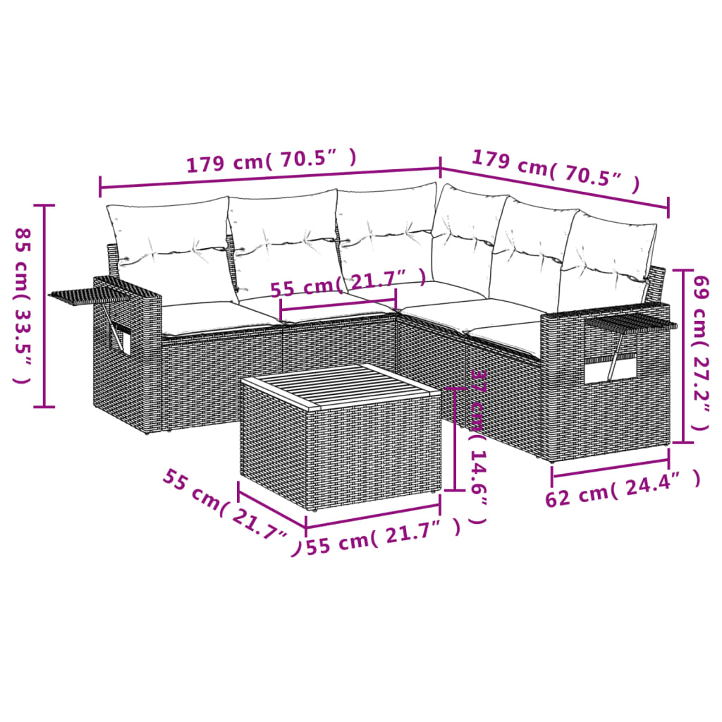vidaXL 6-delige Loungeset met kussens poly rattan zwart afbeelding