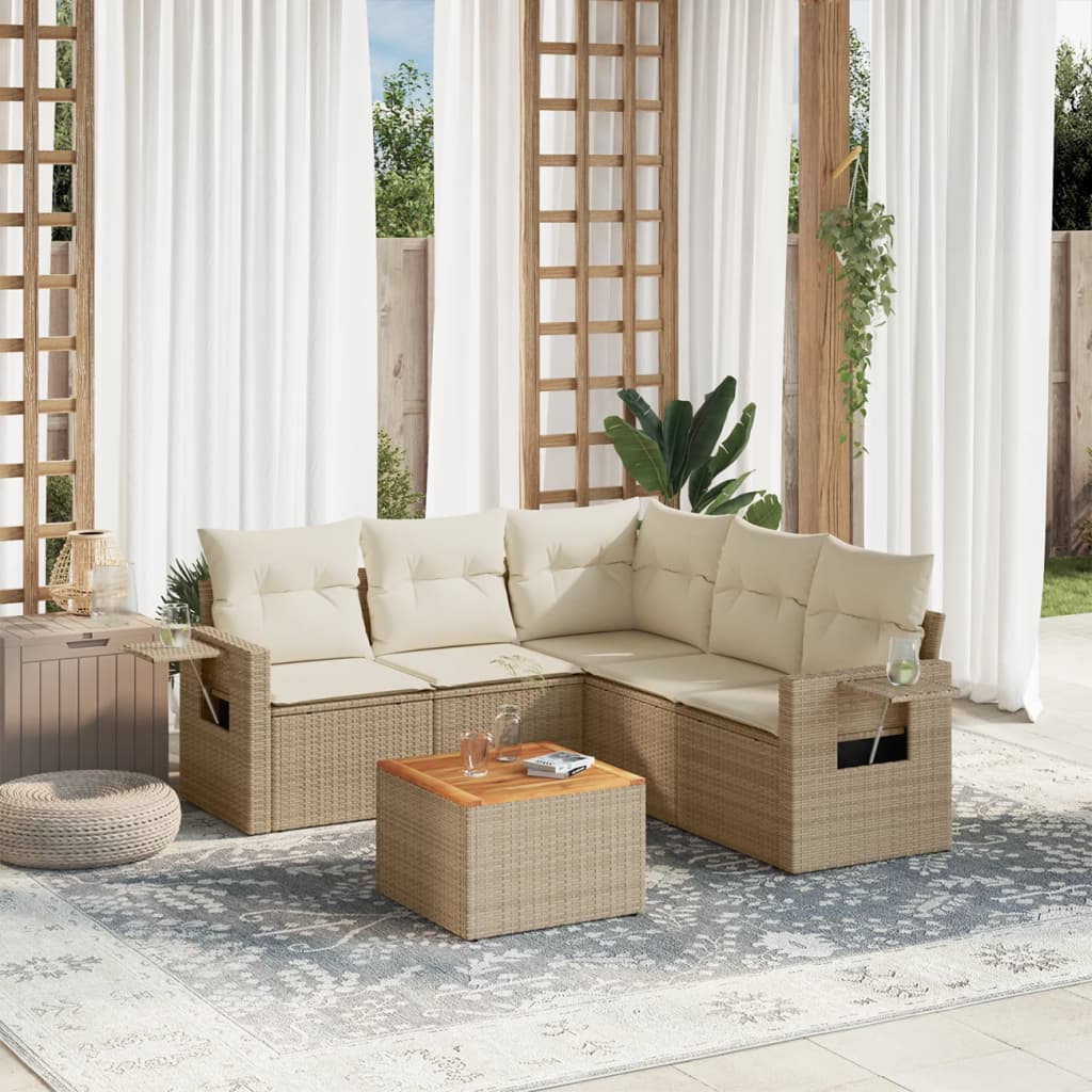 vidaXL 6-tlg. Garten-Sofagarnitur mit Kissen Beige Poly Rattan