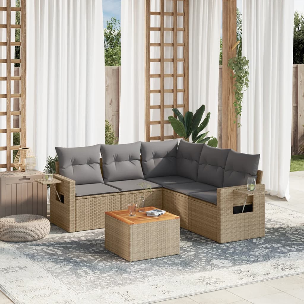 vidaXL 6-tlg. Garten-Sofagarnitur mit Kissen Beige Poly Rattan