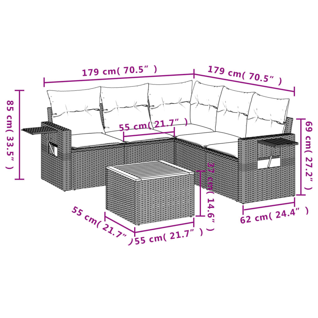 vidaXL 6-delige Loungeset met kussens poly rattan grijs afbeelding