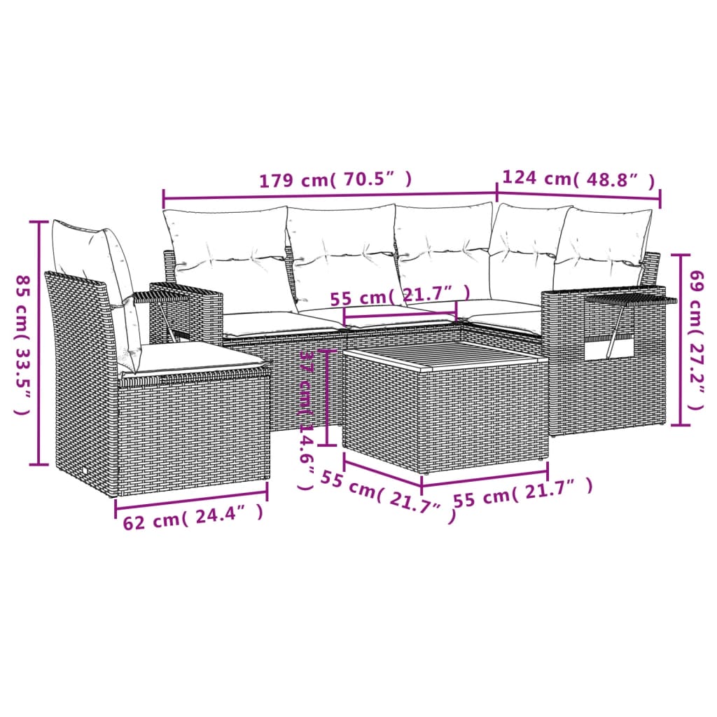 vidaXL 6-delige Loungeset met kussens poly rattan gemengd beige afbeelding