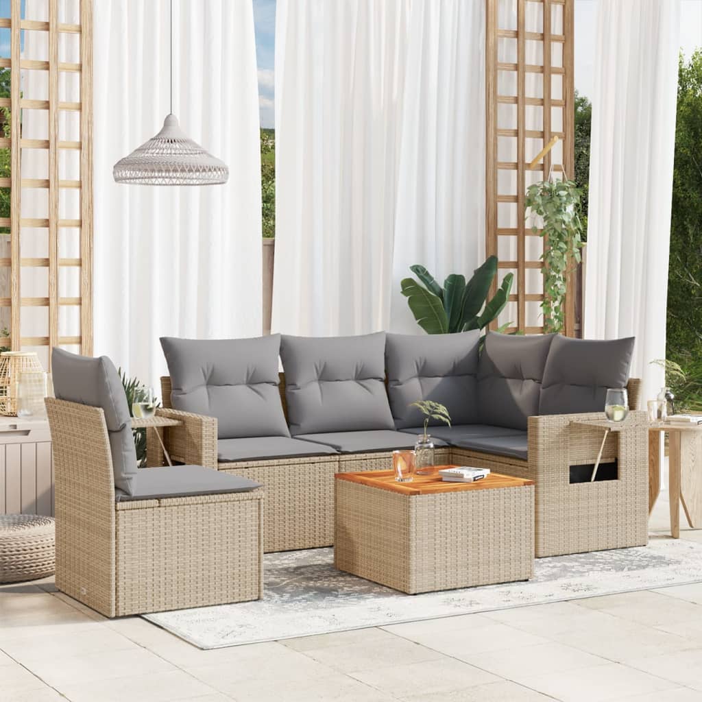 vidaXL 6-tlg. Garten-Sofagarnitur mit Kissen Beige Poly Rattan