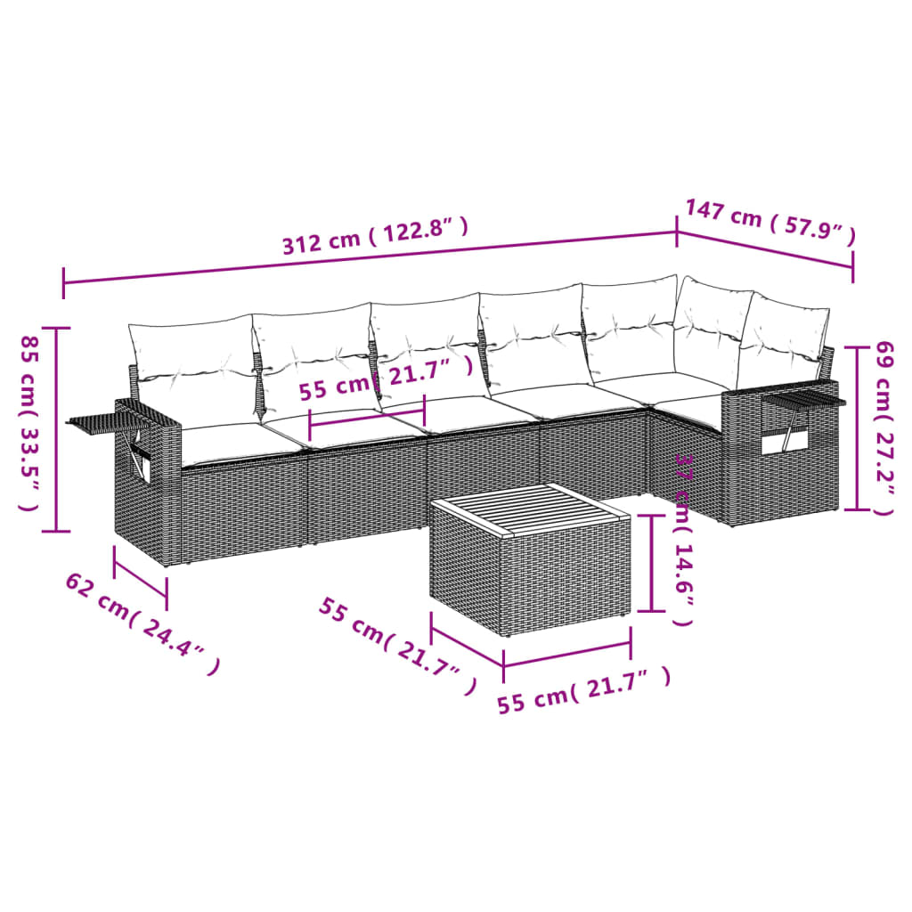 vidaXL 7-delige Loungeset met kussens poly rattan zwart afbeelding