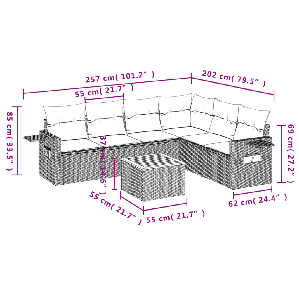 vidaXL 7-delige Loungeset met kussens poly rattan beige