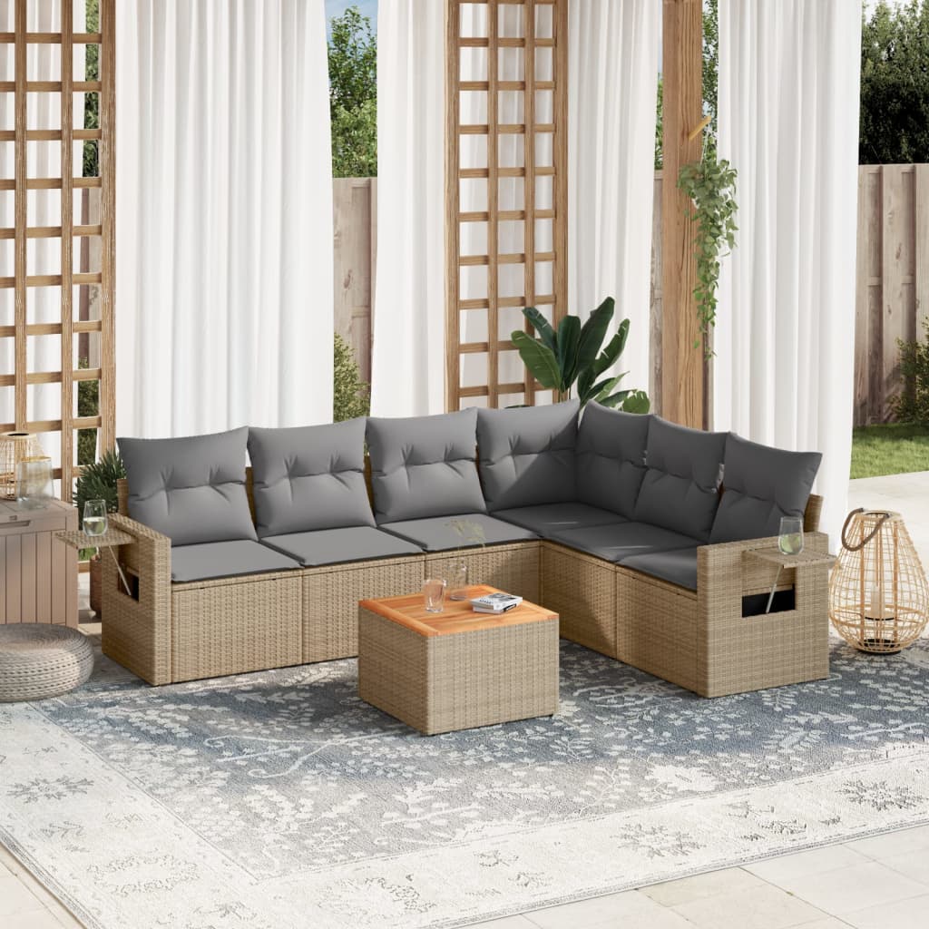 vidaXL 7-tlg. Garten-Sofagarnitur mit Kissen Beige Poly Rattan