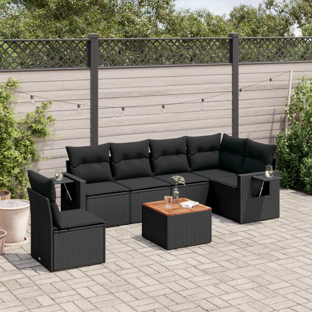 vidaXL 7-tlg. Garten-Sofagarnitur mit Kissen Schwarz Poly Rattan