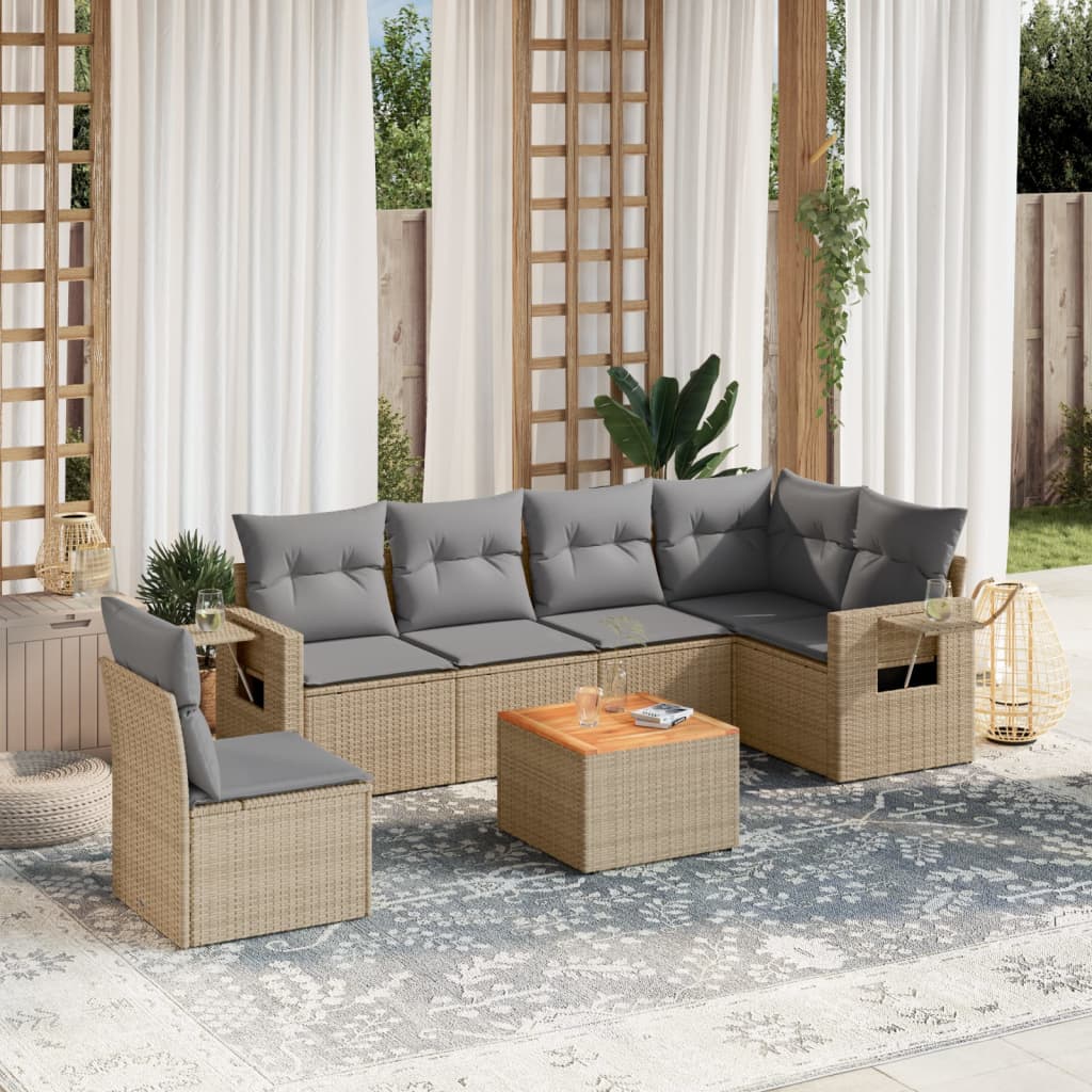 vidaXL 7-tlg. Garten-Sofagarnitur mit Kissen Beige Poly Rattan