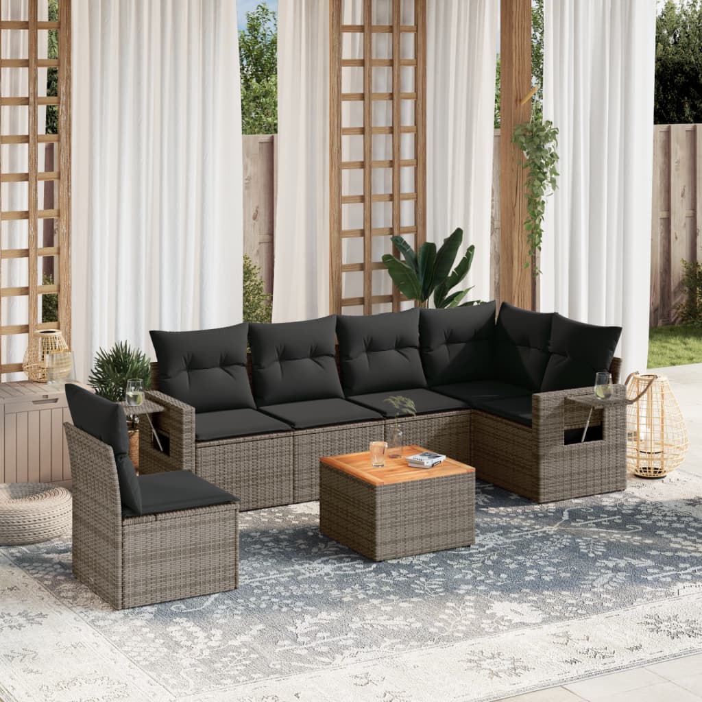 vidaXL 7-tlg. Garten-Sofagarnitur mit Kissen Grau Poly Rattan