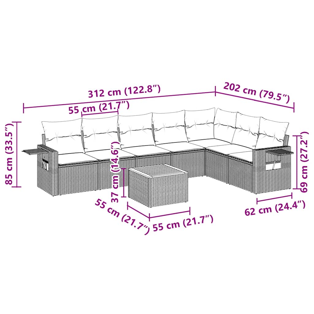 vidaXL 8-delige Loungeset met kussens poly rattan zwart afbeelding