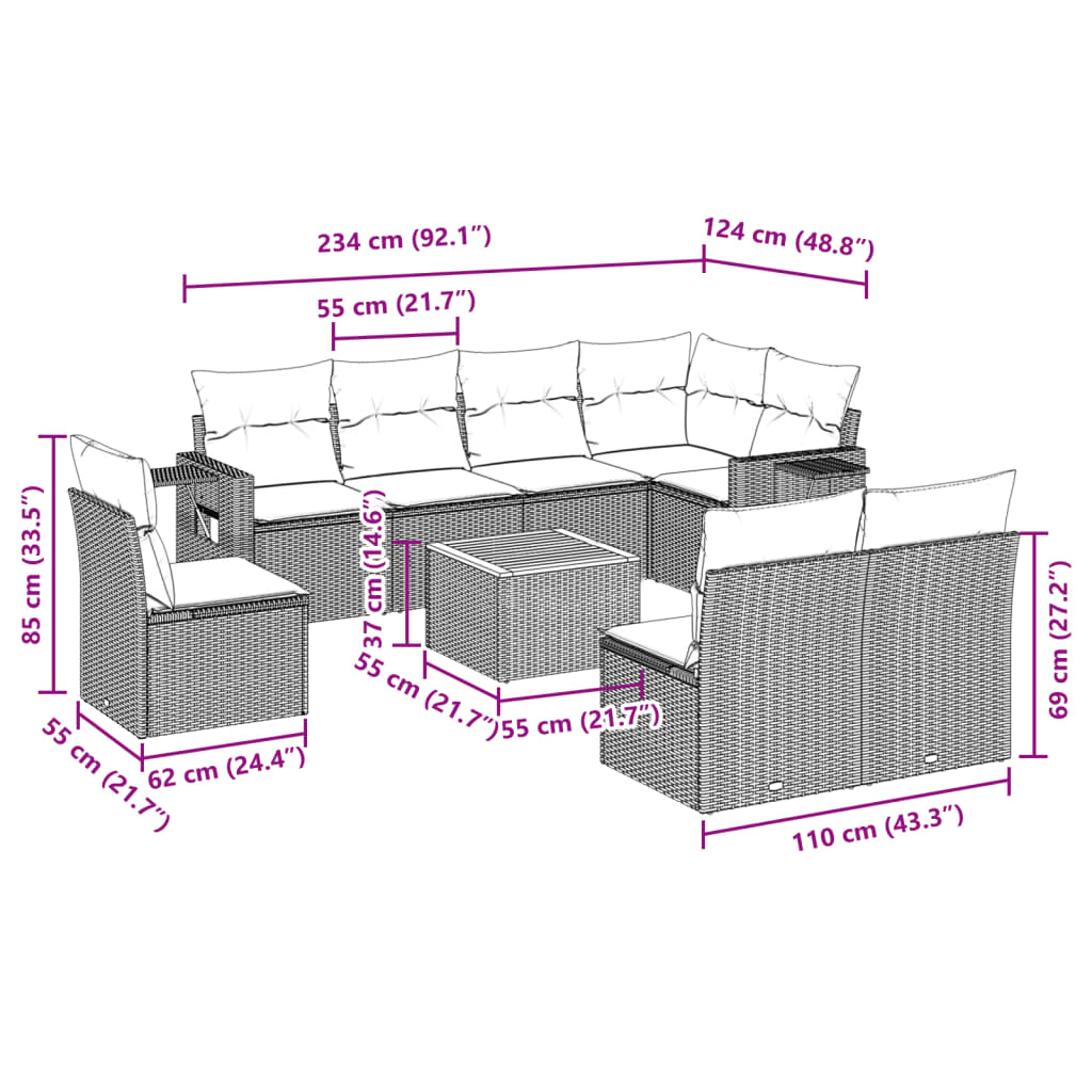 Set mobilier de grădină cu perne, 9 piese, negru, poliratan 3256930 - imagine 3