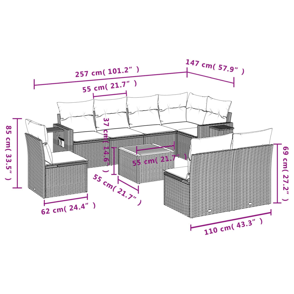 vidaXL 9-delige Loungeset met kussens poly rattan zwart afbeelding