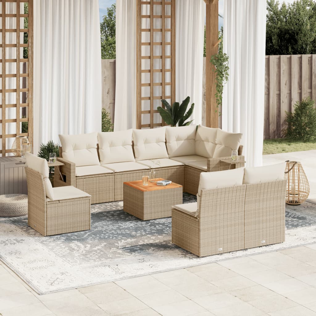 vidaXL 9-tlg. Garten-Sofagarnitur mit Kissen Beige Poly Rattan