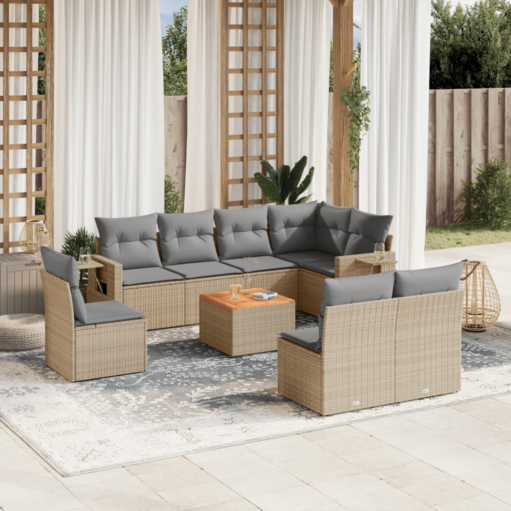 vidaXL 9-tlg. Garten-Sofagarnitur mit Kissen Beige Poly Rattan