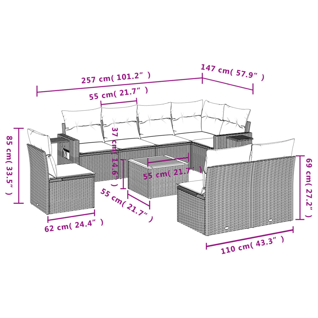 Set canapele de grădină, 9 piese, cu perne, gri, poliratan 3256935 - imagine 3