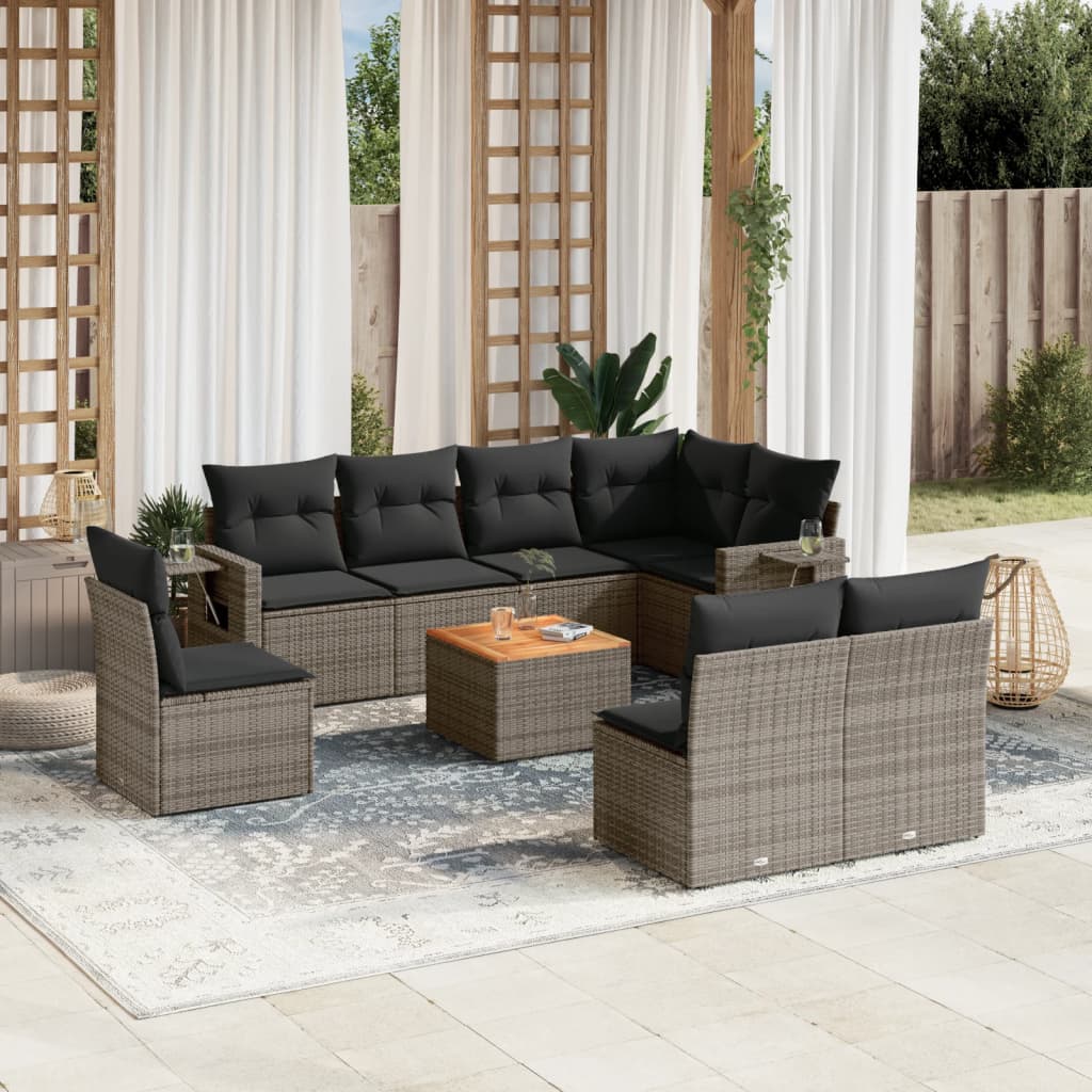 vidaXL Salon de jardin 9 pcs avec coussins gris résine tressée