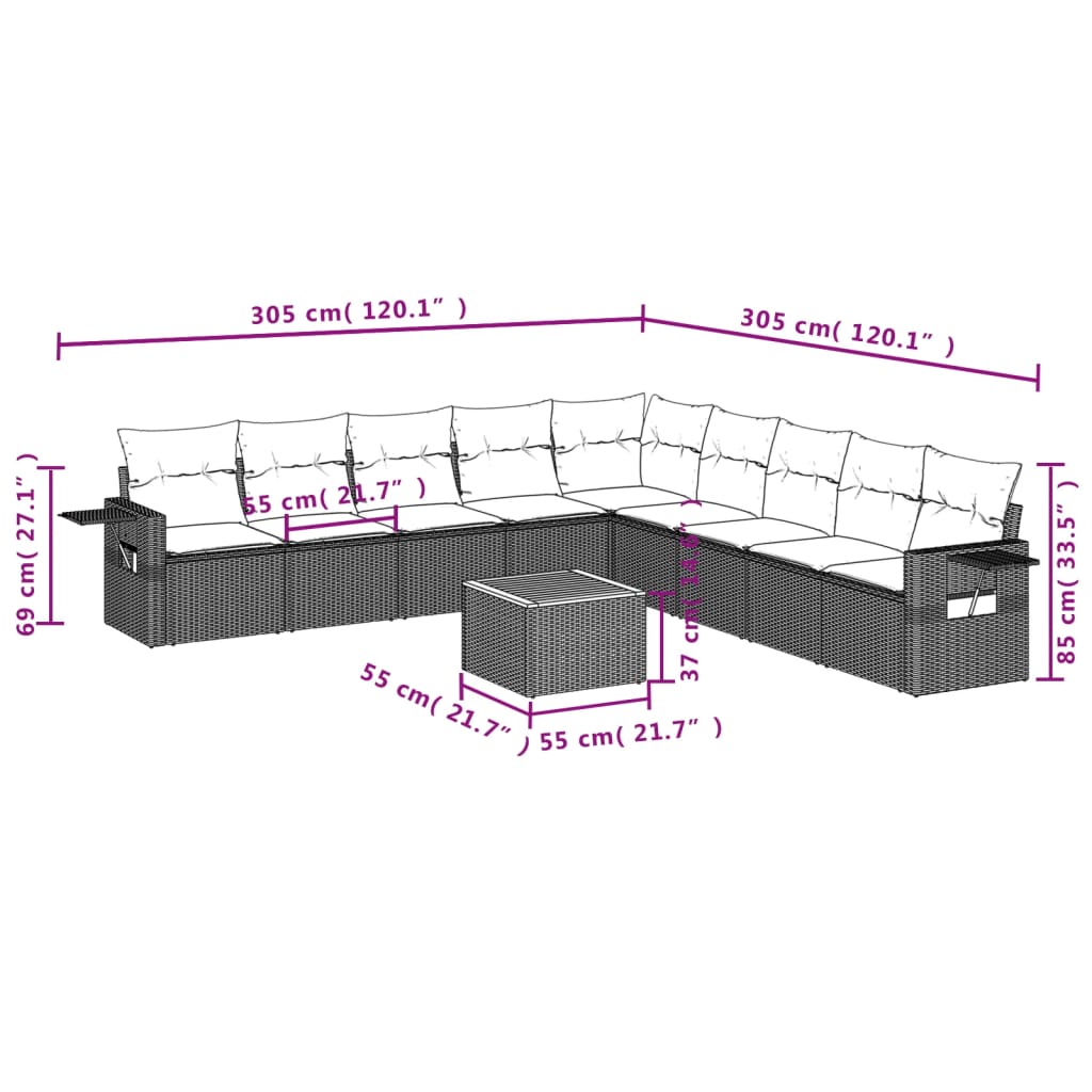 Set canapele de grădină cu perne, 10 piese, negru, poliratan 3256938 - imagine 3