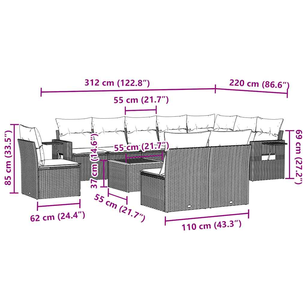 vidaXL 11-delige Loungeset met kussens poly rattan zwart afbeelding