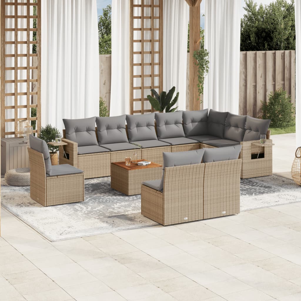 vidaXL 11-tlg. Garten-Sofagarnitur mit Kissen Beige Poly Rattan