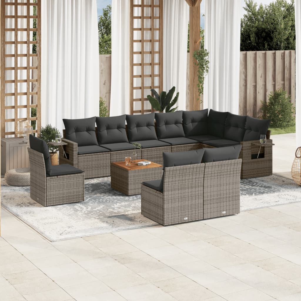 vidaXL 11-tlg. Garten-Sofagarnitur mit Kissen Grau Poly Rattan