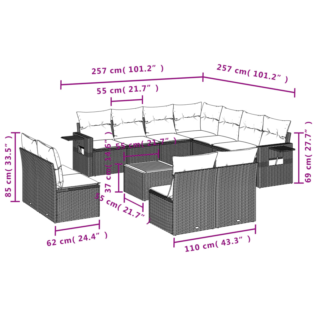 Set canapea de grădină cu perne, 12 piese, gri, poliratan 3256956 - imagine 3