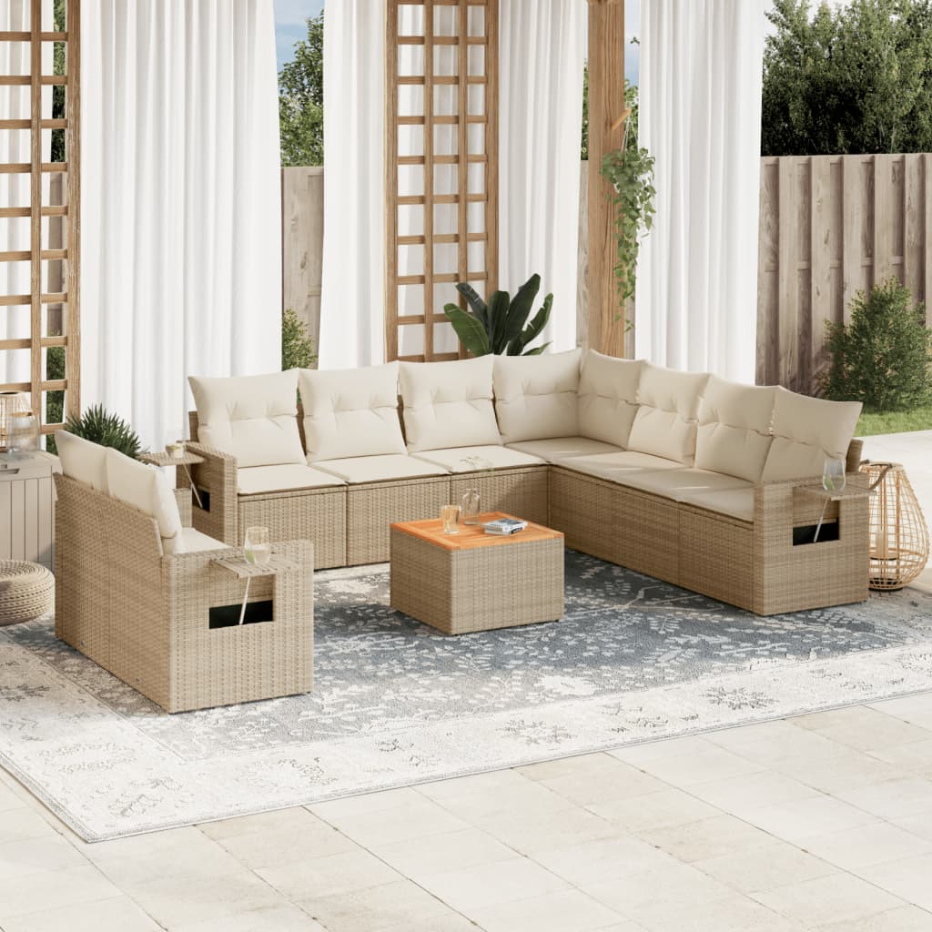 vidaXL 10-tlg. Garten-Sofagarnitur mit Kissen Beige Poly Rattan