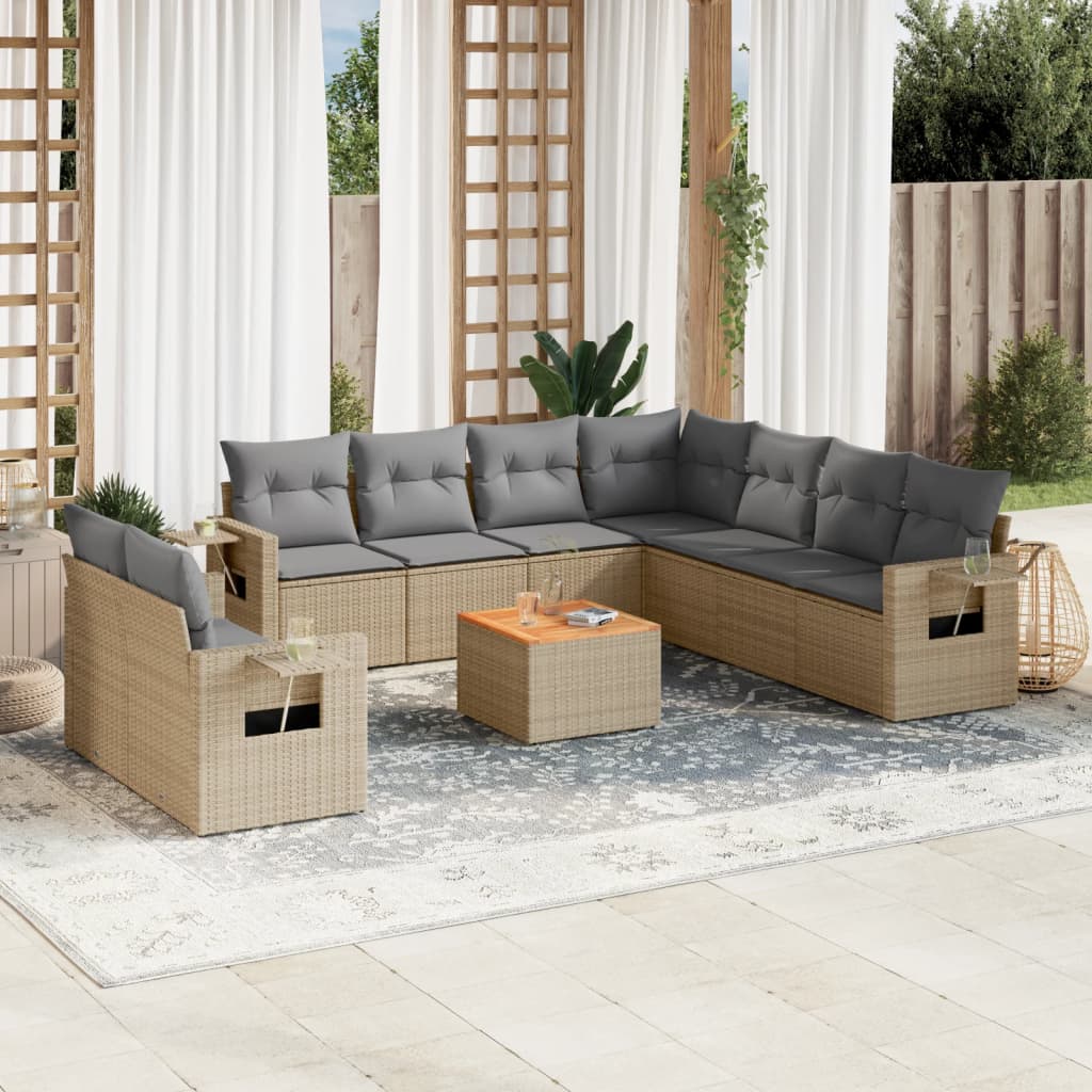 vidaXL 10-tlg. Garten-Sofagarnitur mit Kissen Beige Poly Rattan